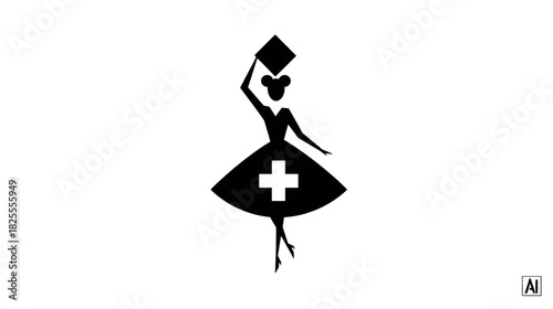 Stylized Vintage Nurse Silhouette Illustration with Medical Cross Symbol - Healthcare, Caregiving, and Retro Design