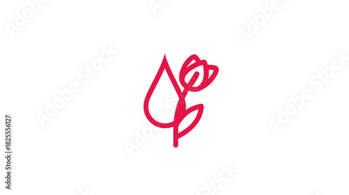 Minimalist red line art tulip flower with a single drop illustration. Simple graphic design element for nature, spring, or health.
