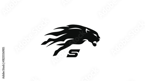 Dynamic black silhouette of a powerful wild feline with speed streaks. Aggressive animal design representing strength, agility, and velocity.