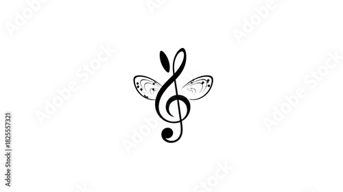 Elegant Black Treble Clef with Decorative Wings and Musical Notes on White Background, Music Symbol Illustration