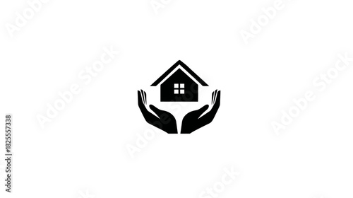 Home protection icon with caring hands holding a house, symbolizing real estate security, housing support, shelter, and property care.