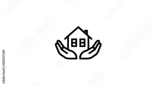 Home Protection Line Icon: House cradled in caring hands, symbolizing real estate, property insurance, shelter, and security.
