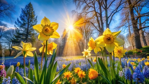 Wallpaper Mural Radiant Spring Sunbeams Illuminate Vibrant Yellow Daffodils and Delicate Blue Flowers in a Serene Garden Setting Torontodigital.ca