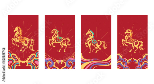Golden Chinese horse illustration set on a vibrant red background featuring festive flat style details ideal for Lunar New Year themes celebration posters cards branding use todays