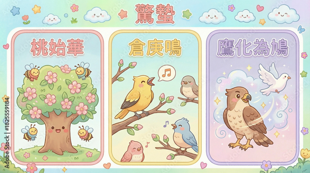 Fototapeta premium Cute Qingming Solar Term Educational Poster with Three Phenology Scenes