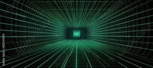 Fototapeta Naklejka Na Ścianę i Meble -  Futuristic digital tunnel grid with glowing green lines forming a 3D curved corridor extending into a bright square opening evoking a sense of depth and mystery