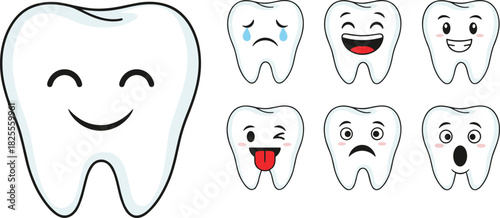 Cute tooth characters with various facial expressions, dental hygiene cartoon icons, happy sad funny emotion teeth illustrations