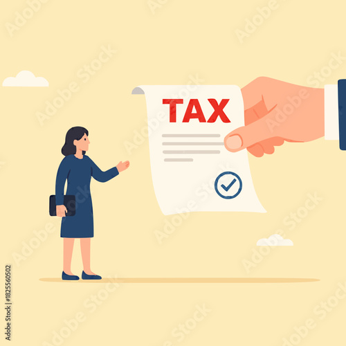 income tax burden or wealth tax, businesswoman holding saving bank looking at tax bills, financial charge and duty to pay for government, wealth management concept vector illustration