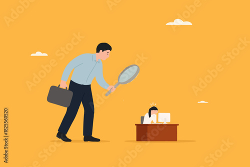 micromanaging boss, excessive supervision of employees, toxic manager monitoring employee work processes, micromanaging boss use a magnifying glass to keep an eye on employees working