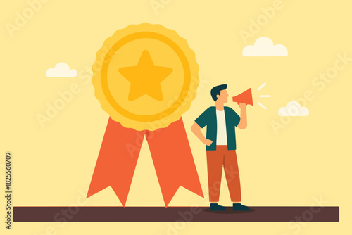 Employee of the month award winner announcement, reward or recognition for good performance, high performance champion on office, businessman announces Employee of the month winner with megaphone