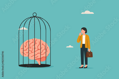 thinking traps, Negative Thought Patterns That Keep You Stuck, Stressed and Anxious, social issue, confused woman with a brain trapped in a cage illustration