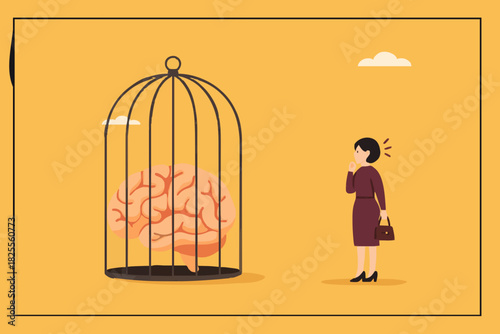 thinking traps, Negative Thought Patterns That Keep You Stuck, Stressed and Anxious, social issue, confused woman with a brain trapped in a cage illustration