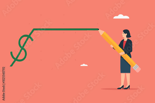 stock price rising up, business woman draws a graph of rising stock prices with a pencil concept vector illustration