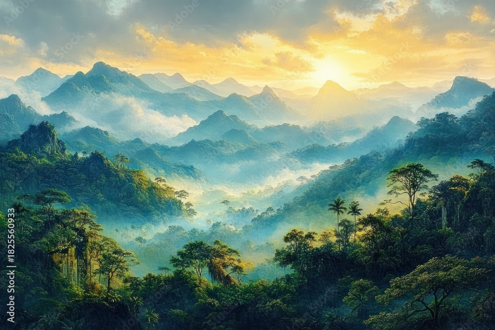 Obraz premium Sunrise over misty green mountains with dense forest and layered peaks stretching into the distance under a colorful sky