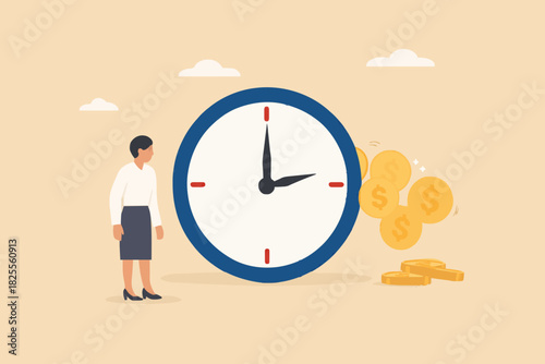 ROI, return on investment or long term investment success, increase in dividends or returns from the costs that have been invested, businesswoman invests money into big watch to get return profit