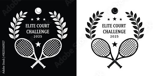 Elite court challenge 2023 tennis tournament emblem with rackets, laurel wreath, ball, and stars, presented in both black and white versions for versatile design applications