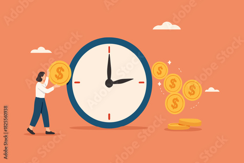 ROI, return on investment or long term investment success, increase in dividends or returns from the costs that have been invested, businesswoman invests money into big watch to get return profit