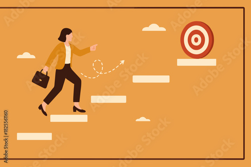 ladder of success to achieve business target and goals, the way to achieve goal, growing journey or aiming to reach target, happy businesswoman climbs beam ladder to reach dartboard bullseye