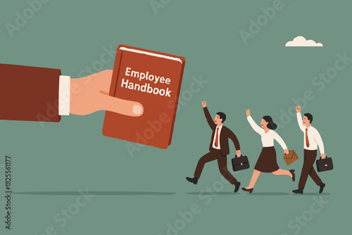 employee handbook, company introduction guidebook for new employees, business manual to achieve goal, procedure book or company rules, businessman hands handing employee handbooks to employees