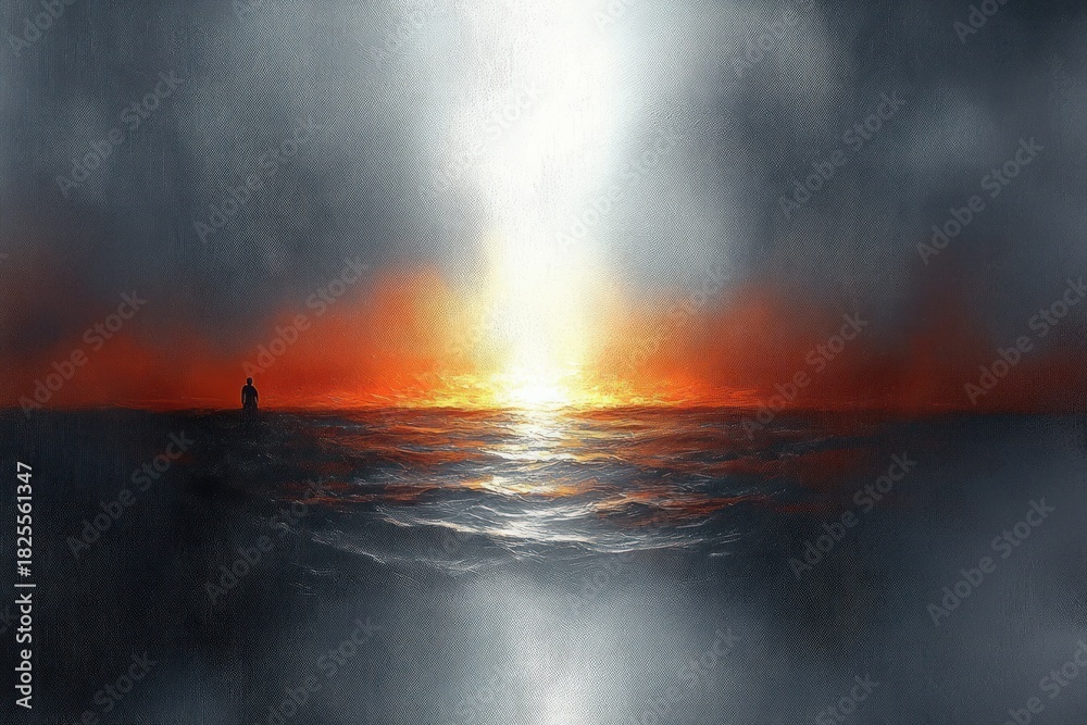 Obraz premium A lone figure stands on a dark, vast ocean with a radiant and fiery sunset illuminating the waves under a hazy sky, evoking solitude and awe