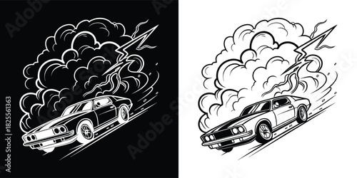 Black and white drawing of a classic sports car driving through clouds with lightning striking in the background