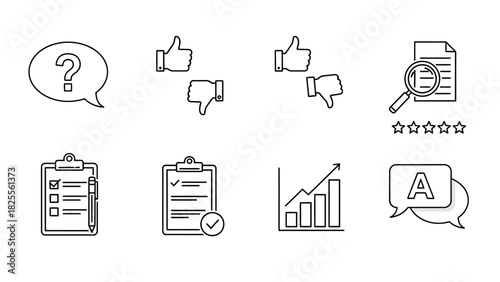 Icons representing feedback, survey, and data analysis in line art style.