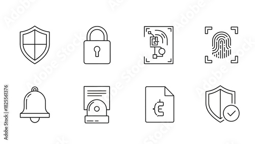 Set of linear icons related to data protection and security.