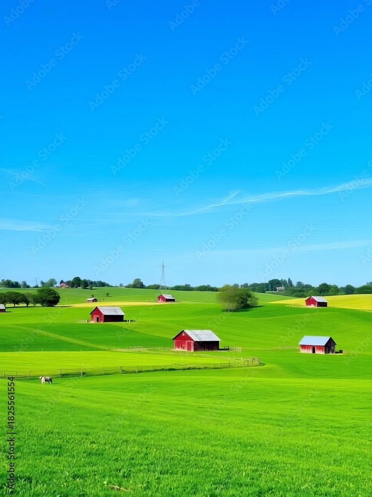 Naklejka premium Lush green fields dotted with rustic barns under a clear blue sky, rural, farm building