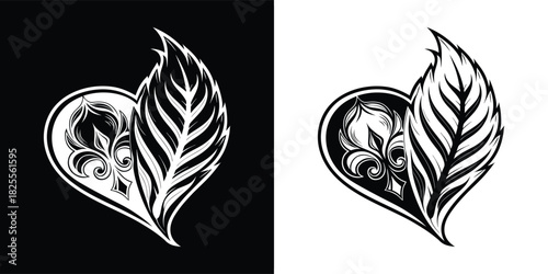 A heart shape adorned with a fleurdelis and a leaf, blending symbolism of love, royalty, and nature in black and white