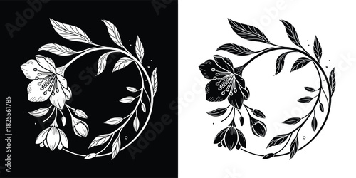 A delicate floral vine element with blooming flowers and leaves, shown in both black and white for graphic design and illustration purposes