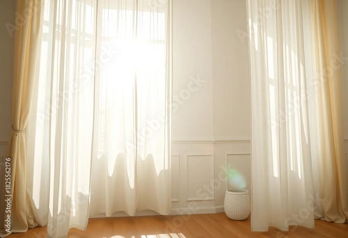 Sunlight streams through sheer white curtains, illuminating a bright room,  beauty,  peaceful