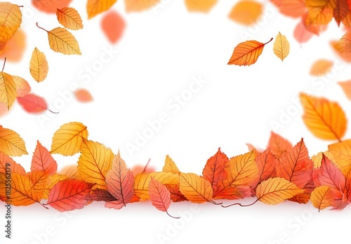 Scattered and floating autumn leaves in vibrant orange and red hues on a clean white background creating a seasonal frame