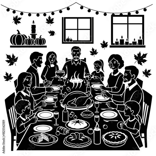 A large multi-generational family gathered around a table for a holiday feast.