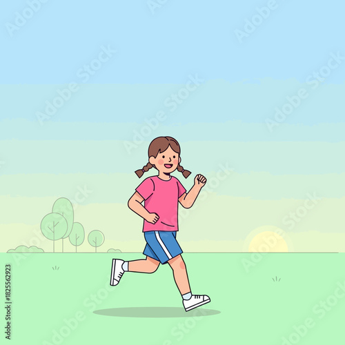 A cheerful young girl with pigtails is happily running outdoors in a vibrant green park under a clear blue sky, promoting a healthy and active childhood lifestyle.