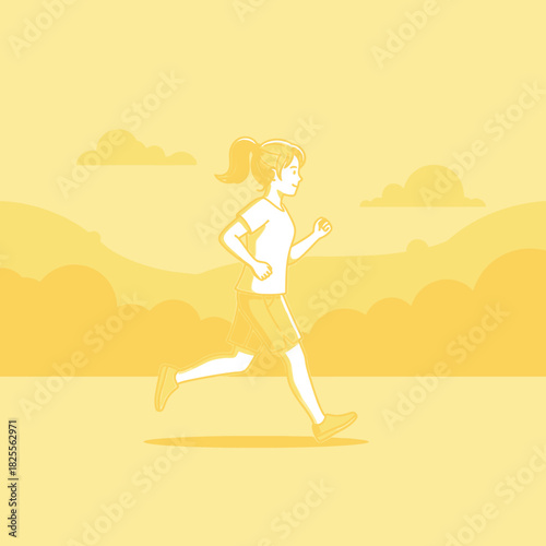 Woman jogging outdoors in a minimalist yellow landscape background.