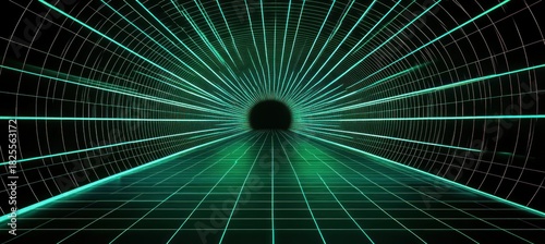 Fototapeta Naklejka Na Ścianę i Meble -  Futuristic glowing green grid tunnel with curved lines converging into a dark central point