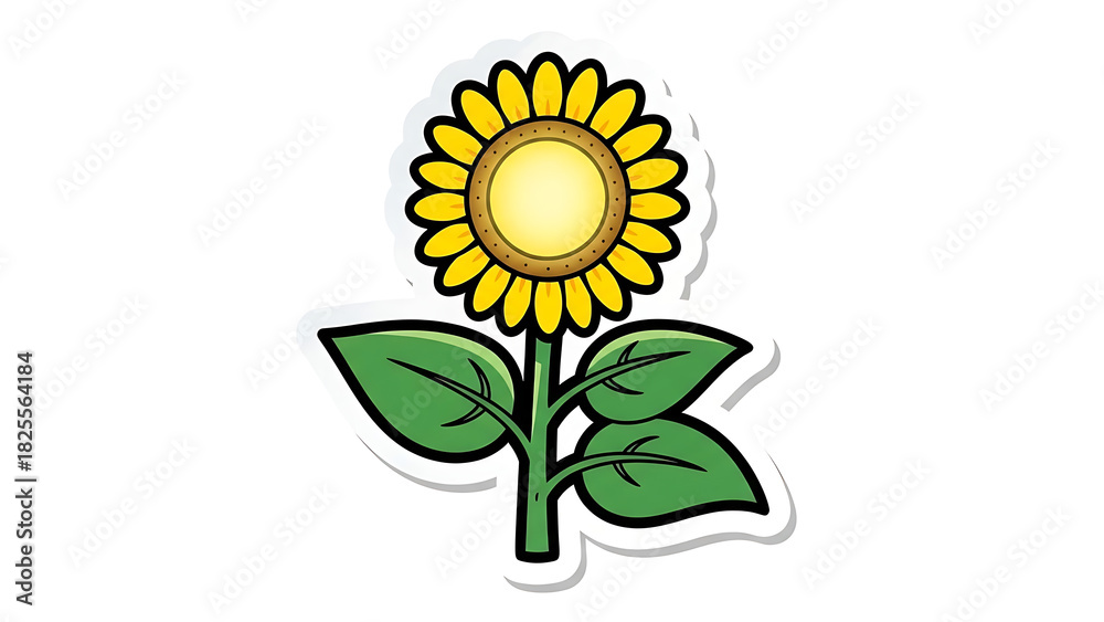 Obraz premium Cheerful cartoon sunflower with bright yellow petals and green leaves to add some joy