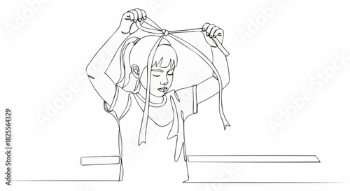 Young girl tying hair with ribbon in continuous line art style.