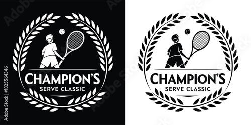 Retro tennis emblem featuring silhouettes of players, racket, ball, and laurel wreath for a classic championship serve