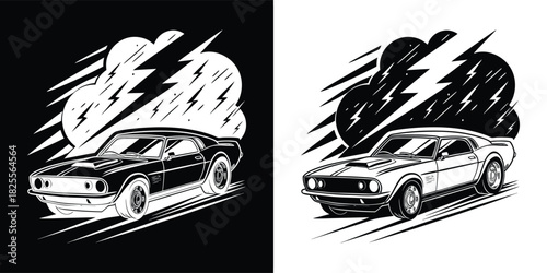 Retro muscle car in a dramatic drift, surrounded by stylized lightning and smoke, presented in a bold black and white graphic style