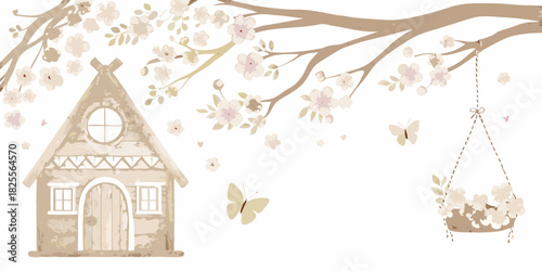 Cute floral house with swing and butterflies in neutral colors