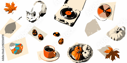 Cozy autumn still life with cat pumpkins coffee and record player