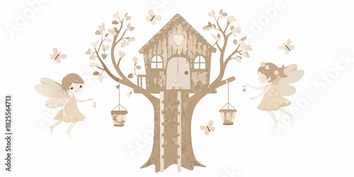 Whimsical fairy treehouse scene with flying fairies and butterflies illustration