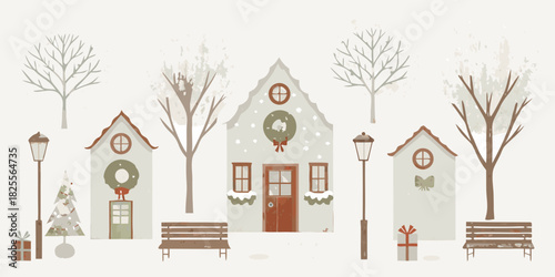 Charming winter village scene with houses trees and christmas decorations