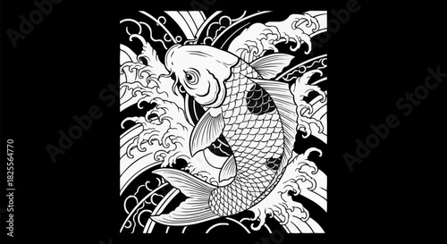 Detailed illustration of a traditional Japanese koi fish swimming gracefully.