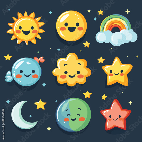 This set presents charming flat design cartoon character icons of the sun, moon, star, and a rainbow, each with a unique personality