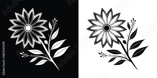 Black and white illustration of a flower with leaves and small buds on a dark background, with a mirrored version on a light background