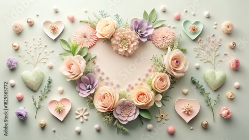Heart-shaped floral arrangement with pastel blossoms, delicate greenery, and decorative hearts on a soft green background
