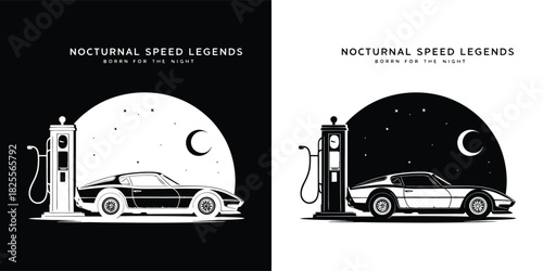 Nocturnal speed legends vintage car at a gas station under the night sky with moon and stars, depicted in contrasting black and white designs for a retro aesthetic
