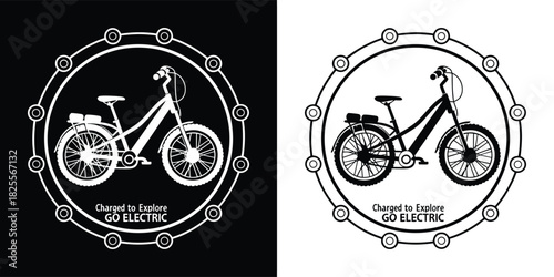Black and white illustration of an electric bicycle inside a circular frame with decorative elements, on a dark background, with a mirrored version on a light background